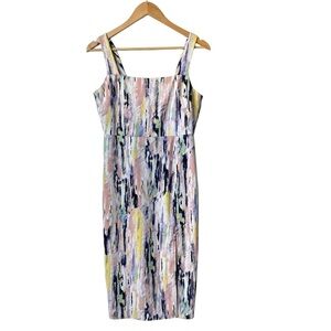 Aritzia Babaton Avenir Midi Tank Dress 6 Square Neck Art Blue Yellow High Slit